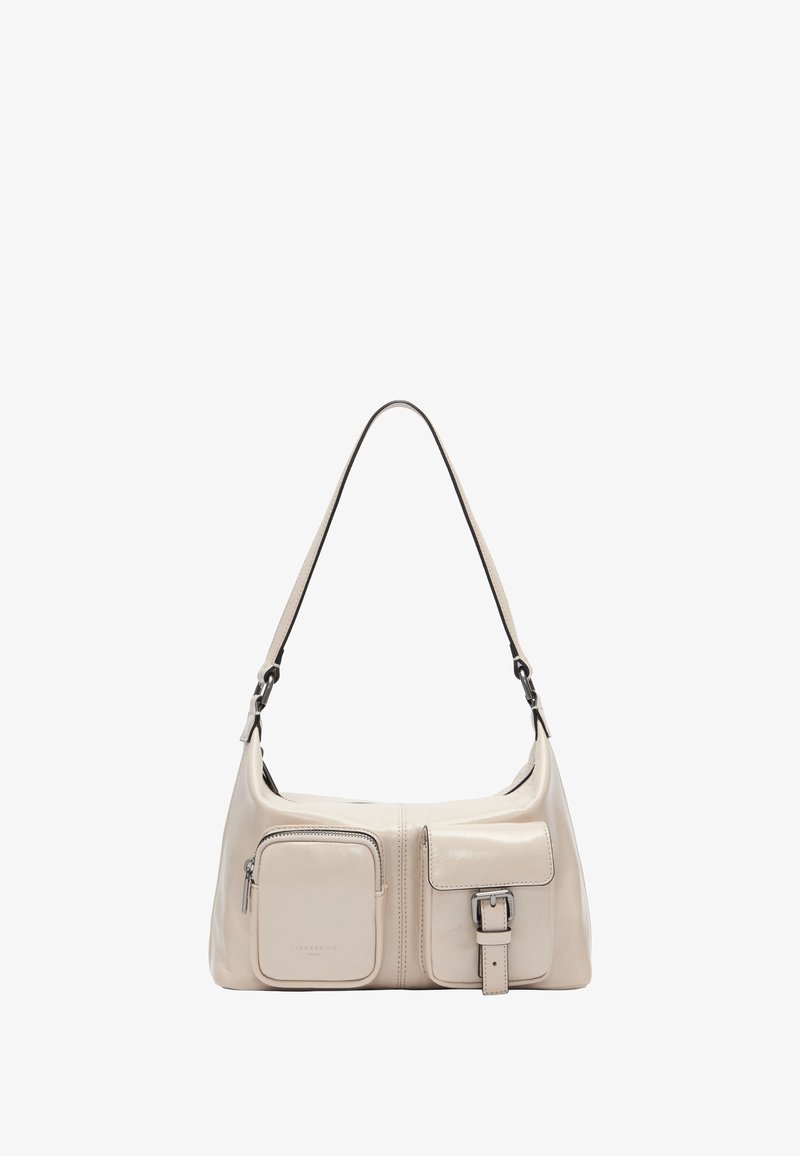 Beżowa skórzana torba na ramię o gładkim wykończeniu, z przednią kieszenią na zamek błyskawiczny, regulowanym paskiem i akcentami w srebrnym odcieniu.