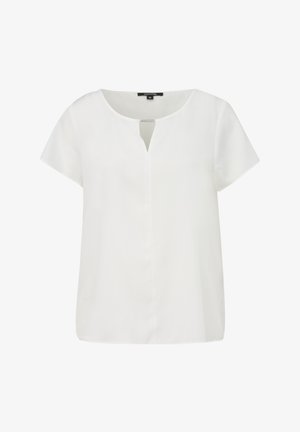 Weißes Kurzarmblusentop mit rundem Ausschnitt und einem Schlüsselloch-Ausschnitt in der Mitte vorne. Glatte Stoffqualität mit lockerer Passform.