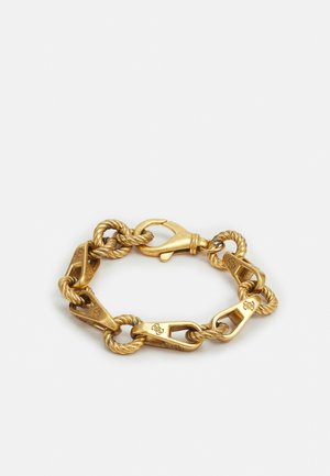 Bracelet ton or avec maillons en corde torsadée et fermoir poli, avec motifs floraux gravés sur certains maillons.
