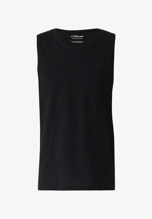 Schwarzes ärmelloses Tanktop mit rundem Ausschnitt und dezentem s.Oliver-Logo auf der linken Brust, schlichtes Design, vor weißem Hintergrund dargestellt.