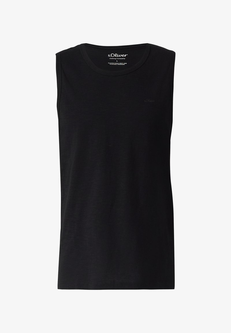 Débardeur noir sans manches à col rond avec un logo s.Oliver discret sur le côté gauche de la poitrine, design uni, présenté sur fond blanc.
