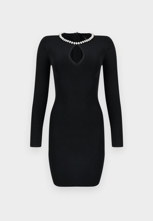 Schwarzes, langärmliges Bodycon-Kleid mit Schlüssellochausschnitt und rundem Kragen, verziert mit großen klaren Edelsteinen.