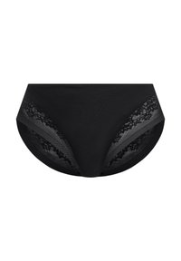 Black underwear featuring lace detailing on the sides, smooth fabric on the body, and a classic brief shape.