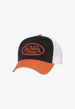 Casquette de camionneur noir et blanc avec une visière orange et un patch logo portant l'inscription "Von Dutch California" sur le panneau avant.