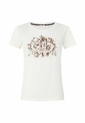 T-shirt bianco a maniche corte con un design grafico decorato con paillettes nelle tonalità di marrone e nero, tessuto testurizzato e scollo rotondo.