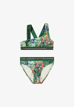 Ensemble de bikini floral vert comprenant un haut sportif avec des bretelles croisées et une culotte assortie. Comprend des motifs tropicaux vibrants et des accents rayés.