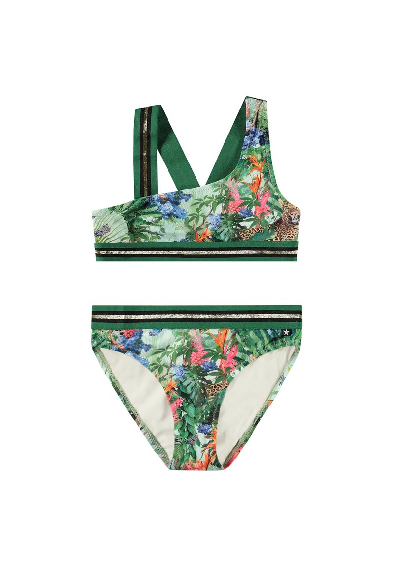 Zeleni cvetlični bikini set z športnim topom in križnimi naramnicami ter ujemajočimi se kratkimi hlačkami. Vsebuje živahne tropske vzorce in črtaste poudarke.