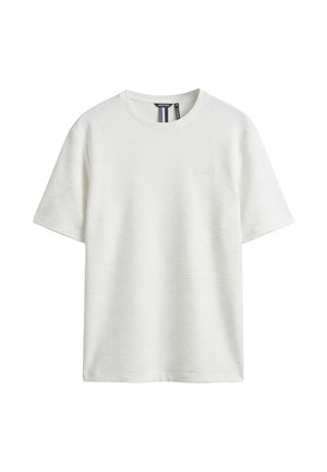 T-shirt blanc à manches courtes avec texture, col rond et logo brodé subtil sur le côté gauche de la poitrine.