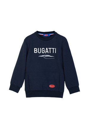 Navy blue long-sleeve sweatshirt with quilted texture, "BUGATTI" text and car graphic on chest, and red logo patch on lower pocket.