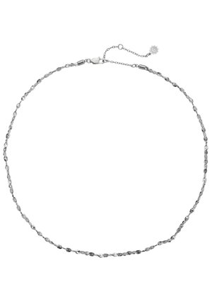 Silberne Halskette mit kleinen, abgerundeten, facettierten Gliedern und einem Karabinerverschluss mit verstellbarem Verlängerungskettchen.