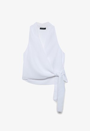 Top avvolgente bianco senza maniche con scollo a V profondo e dettaglio del nodo laterale, progettato per donna, taglia small.