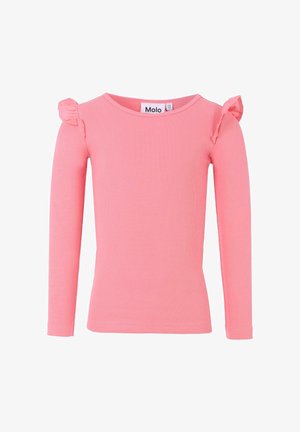 Różowa bluzka z długim rękawem, prążkowana, z falbanami na ramionach. Posiada okrągły dekolt i dopasowany krój, wykonana z miękkiego, elastycznego materiału.