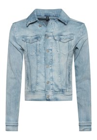 Lichtblauwe denimjasje met knoopsluiting aan de voorkant, puntige kraag, twee borstzakken en lange mouwen, met een klassieke pasvorm.