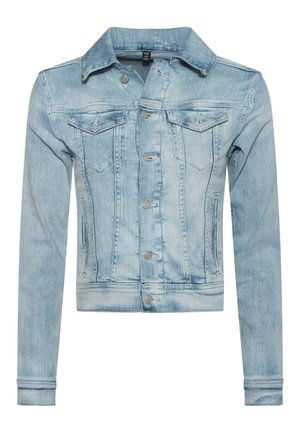 Jasnoniebieska kurtka dżinsowa z zapięciem na guziki, wygiętym kołnierzykiem, dwiema kieszeniami na piersi oraz długimi rękawami, charakteryzująca się klasycznym dopasowanym krojem.