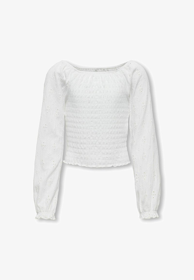 Weißes Blusenshirt mit quadratischem Ausschnitt, gerafftem Körper und langen Puffärmeln. Der Stoff hat feine Stickereien und rüschige Bündchen.
