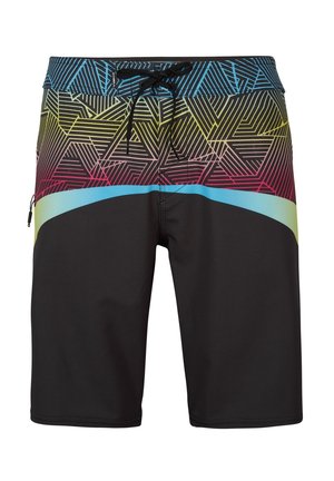 Spodenki męskie do boardshortów z czarną dolną połową, górną połową z wielokolorowym geometrycznym wzorem, niebieskim pasem i czarnym ściągaczem.