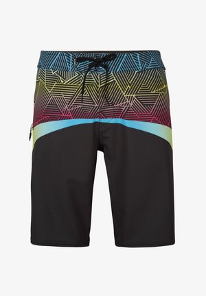 Herreboardshorts med sort nederste halvdel, flerfarvet geometrisk mønster på øverste halvdel, blå taljebånd og sort snørrelukning.