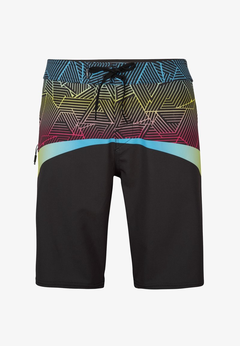Shorts de bain pour hommes avec la moitié inférieure noire, moitié supérieure à motif géométrique multicolore, ceinture bleue et cordon de serrage noir.