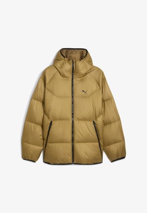 Puffer takki, khaki väri, hupullinen muotoilu, päällystetty rakenne, jossa on edessä vetoketju ja sivutaskut, mustilla yksityiskohdilla ja logolla.