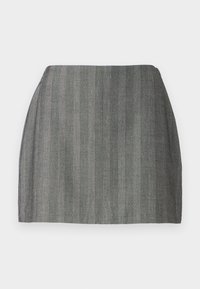 Grijze rok met verticale strepen, aansluitend ontwerp, gladde textuur, lengte tot halverwege de dijen en een subtiele glans. Geen zichtbare sluitingen.