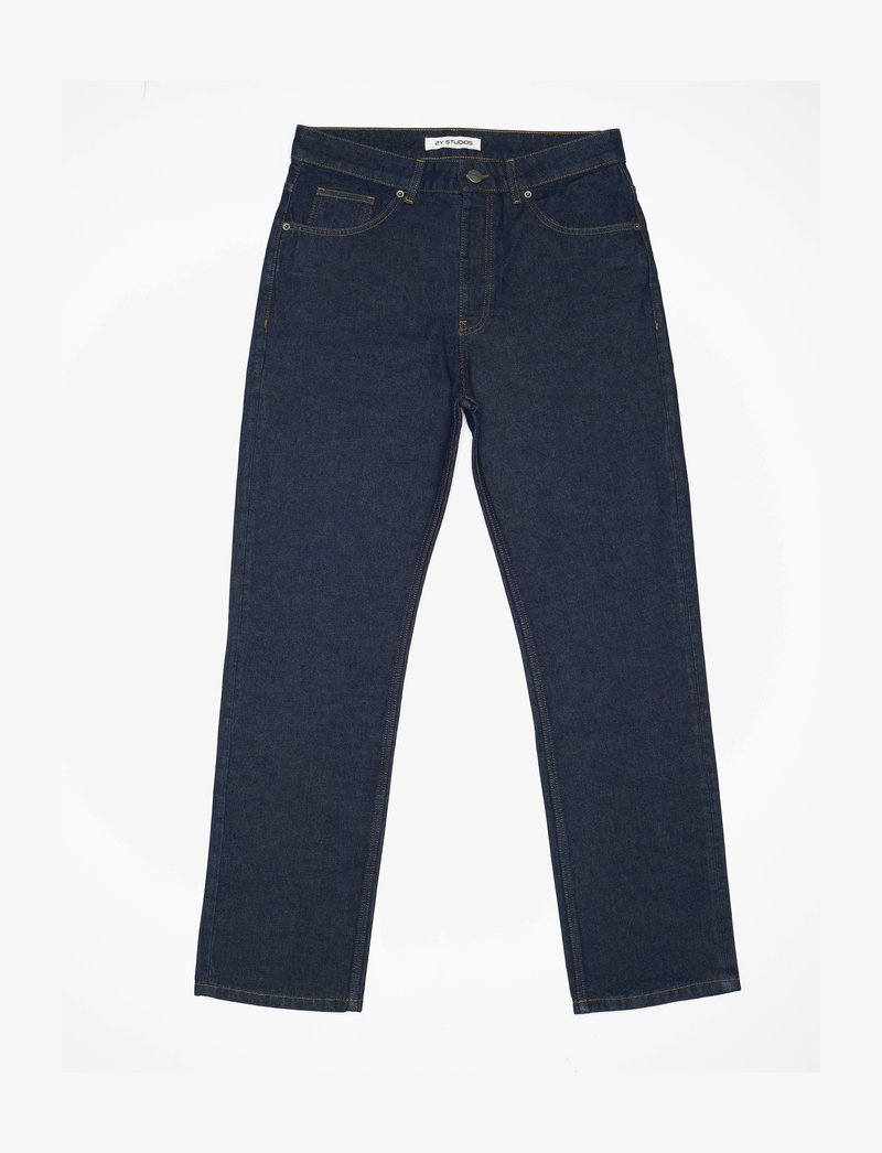Mørkeblå jeans laget av denim, med rett snitt, fem-lommers design og kontrasterende sømmer langs sømmene.