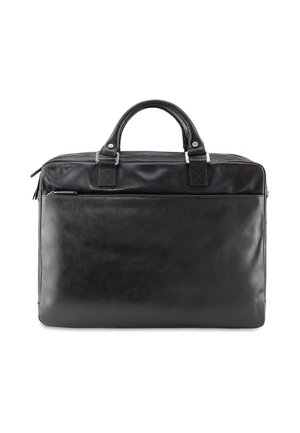 Black leather briefcase with dual handles, a top zipper, and an exterior front zip pocket, displayed on a white background.