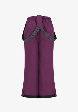 Paarse waterdichte broek met een elastische tailleband en verstelbare zwarte banden. Heeft zwarte accenten bij de manchetten voor duurzaamheid.