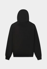 Black hoodie with a solid design, featuring a drawstring hood, raglan sleeves, and ribbed cuffs and hem. Smooth fabric texture.