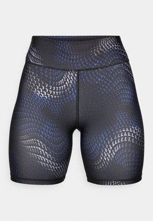 High-waisted black shorts made of stretch fabric featuring a wavy blue and silver pattern. Smooth texture with contrasting stitching detail.