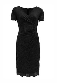 Robe en dentelle noire avec un décolleté en V, des manches courtes et des fronces à la taille. Présente des bords festonnés et une fermeture éclair dissimulée au dos.