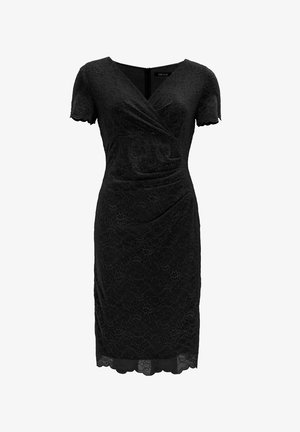 Zwarte kanten jurk met een V-hals, korte mouwen en plooien bij de taille. Kenmerkt zich door gegolfde randen en een verborgen rits aan de achterkant.