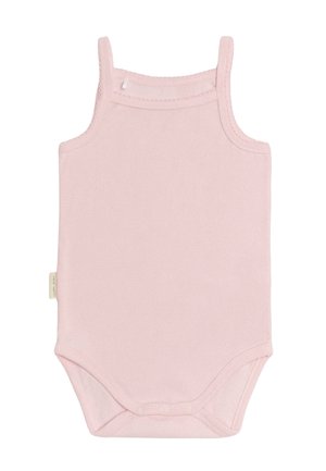 Bodysuit de bebé de algodón color rosa claro con tirantes finos, cierre a presión en la parte inferior y una textura de punto suave. Sin patrones ni acentos visibles.