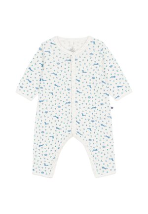 White baby romper with long sleeves and blue animal and tree pattern, front snap button closure, and round neckline.