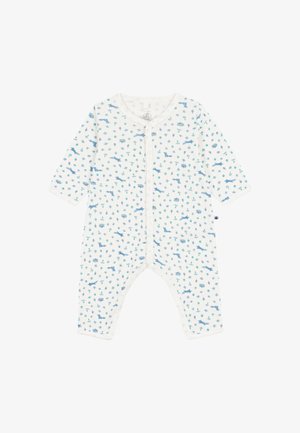 Tutina bianca per neonati con maniche lunghe e motivo blu di animali e alberi, chiusura frontale con bottoni a pressione e scollo rotondo.