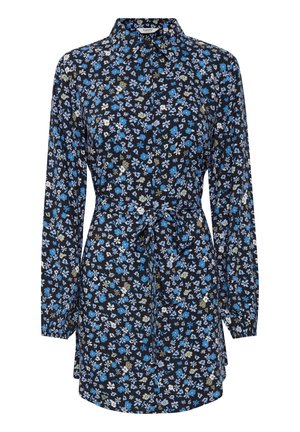 Sort langærmet skjortekjole med blåt, hvidt og grønt blomsterprint, knapper foran, krave og bindebælte i taljen.