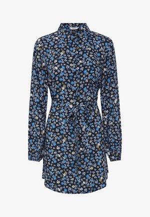 Czarna sukienka koszulowa z długim rękawem, z niebieskim, białym i zielonym wzorem kwiatowym, z guzikami z przodu, kołnierzykiem i paskiem wiązanym w talii.