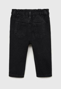 Črne denim hlače z elastičnim pasom, dvema zadnjima žepoma in zasnovo zoženega nogavica. Gladka tekstura brez vidnih vzorcev ali kovinskih delov.