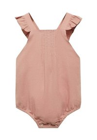 Pale pink baby romper with ruffled shoulder straps, pleated front detail, and snap closures at the bottom for easy dressing.