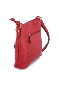 Rote Leder-Crossbody-Tasche mit strukturierter Oberfläche, verstellbarem Gurt und einer vorderen Reißverschlusstasche. Mit goldfarbenen Hardware-Akzenten.