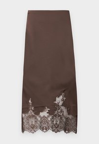 Brown skirt with a smooth fabric, featuring intricate black lace at the hem with a wave pattern. Mid-length design with no additional details.