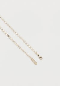 Ασημένιο κολιέ με μπίλιες, με κούμπωμα σε σχήμα αστακού και ρυθμιζόμενο αλυσιδωτό λουράκι που καταλήγει σε μια μικρή ορθογώνια ταμπελίτσα.