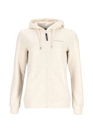 Lys beige zip-up hoodie lavet af blødt, struktureret stof. Har en hætte, snore og et logo på brystet. Lange ærmer med manchetter.