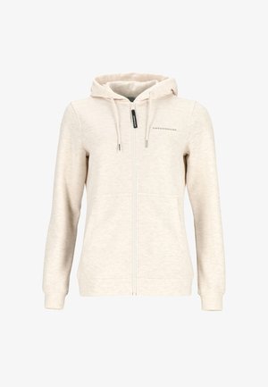Lys beige zip-up hoodie lavet af blødt, struktureret stof. Har en hætte, snore og et logo på brystet. Lange ærmer med manchetter.