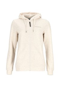 Light beige zip-up hoodie made of soft fabric, featuring a hood, drawstrings, and a small logo on the left chest area. Long sleeves.