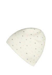 White beanie hat with a soft texture, featuring scattered stars in gray, peach, and light orange tones. Designed for warmth and comfort.