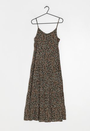 Dark green sleeveless maxi dress with thin straps and small white and orange floral print hanging on black hanger.