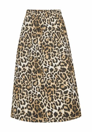 Jupe en imprimé léopard avec taille élastique, présentant une palette de couleurs beige et marron, un design en A et une texture de tissu douce.