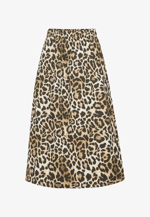 Leopard-print skirt with an elastic waist, featuring a beige and brown color palette, A-line design, and soft fabric texture.