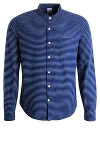 Marineblaue Langarmknopfhemd mit weißen Horizontalstreifen, einem runden Kragen, einer Brusttasche und weißen Knöpfen. Weiche Stofftextur.