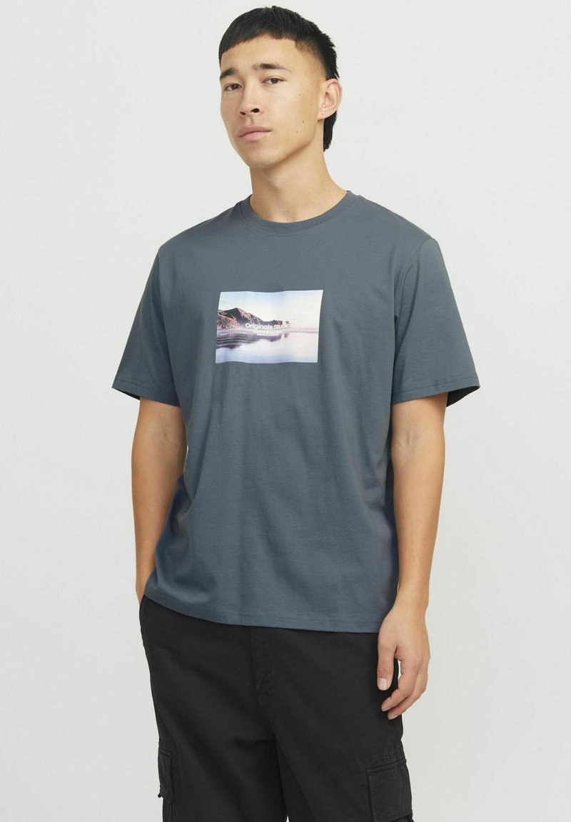 Pilka trumpa rankovė t-shirt su stačiakampiu fotografiniu atspaudu su kraštovaizdžiu priekyje, kuriame matyti pakrantės vaizdas ir kalnai.